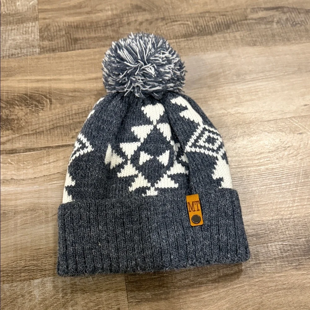 Cozy Gray and White Knit Pom-Pom Beanie